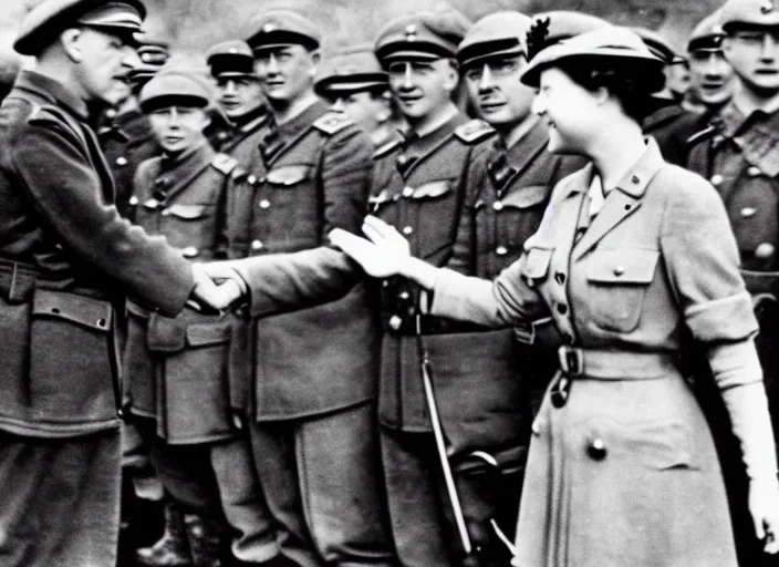 Prompt: ultra wide 1 9 4 6 historical far away photo a german general surrendering to young queen elizabeth, her corgis are nearby highly detailed