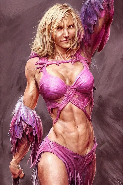 Image similar to muscled Cameron Diaz as a ruggedly handsome hero wearing pink feathers, intricate, elegant, tasteful, highly detailed, centered, digital painting, artstation, concept art, smooth, sharp focus, illustration, art by artgerm and donato giancola and Joseph Christian Leyendecker, WLOP