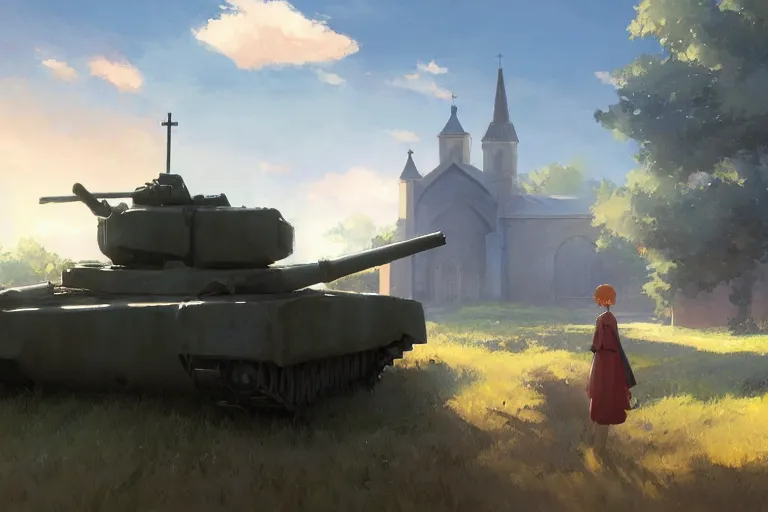 Image similar to a tank with a church instead a gun plattform, scene in an open field. key visual, conceptart, ambient lighting, highly detailed, digital painting, artstation, concept art, sharp focus, by makoto shinkai and akihiko yoshida and greg manchess