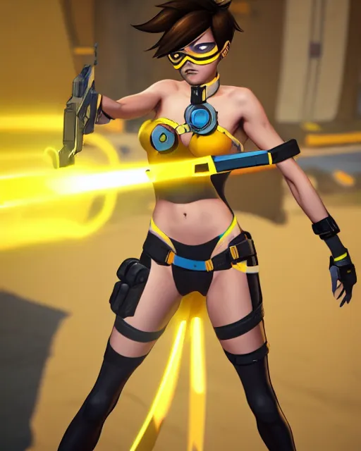 Image similar to tracer game character, in yellow bikini, blonde hair, black eyes, full height