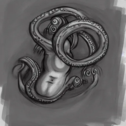 Prompt: A charcoal sketch painting of a baby with tentacles as arms underwater Atlantis 4k