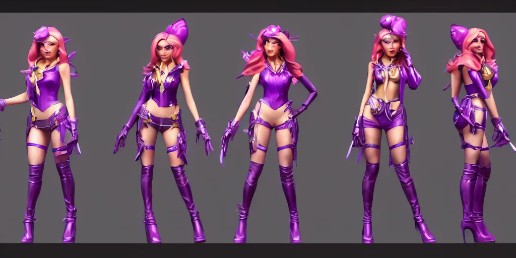 Image similar to character sheet of beautiful KDA More Miss Fortune (wild rift). 3d render, octane render, realistic, highly detailed, trending on artstation, 4k, trending on artstation, pixar, cgsociety, unreal engine 5, redshift render, trending on artstation, blender, behance, cg