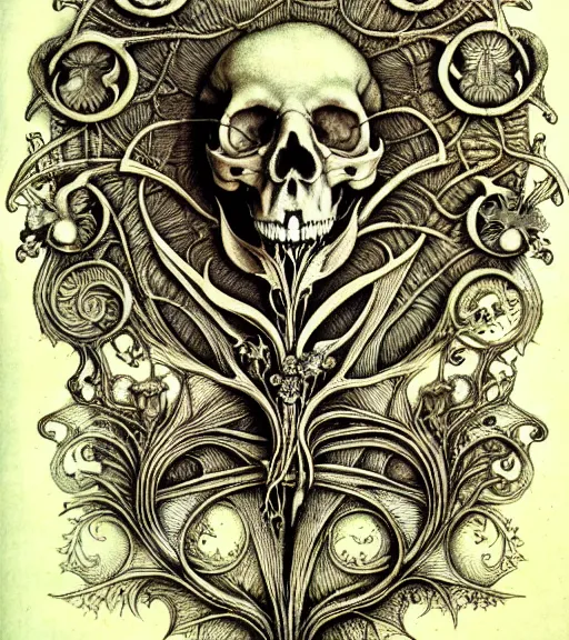 Image similar to memento mori by arthur rackham, art forms of nature by ernst haeckel, exquisitely detailed, art nouveau, gothic, ornately carved beautiful skull dominant, intricately carved antique bone, art nouveau botanicals, ornamental bone carvings, art forms of nature by ernst haeckel, horizontal symmetry, arthur rackham, ernst haeckel