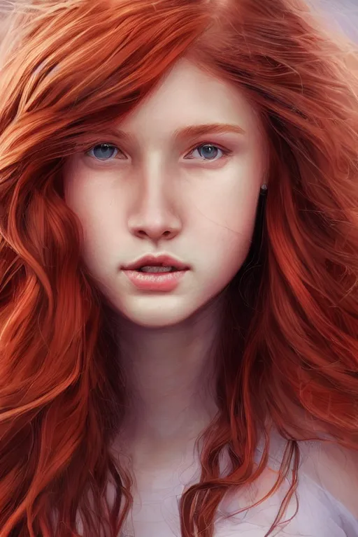 Image similar to ultra realistic style illustration of a beautiful cute red haired joyful teen girl, long hair, 1 9 year old, portrait, sci - fi, fantasy, intricate, elegant, digital painting, artstation, concept art, smooth, sharp focus, illustration, 8 k frostbite 3 engine, ultra detailed, art by artgerm and greg rutkowski and magali villeneuve