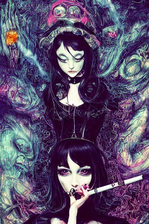 Image similar to Gothic girl smoking a cigarette, 60s kitsch and psychedelia, dark background. digital art. amazing quality. perfect lighting. Professional design. Great composition. by Ayami Kojima and Tomoyuki Yamasaki and Tsutomu Nihei, octane render, award winning art. impressive colors. trending on artstation. James Ensor style