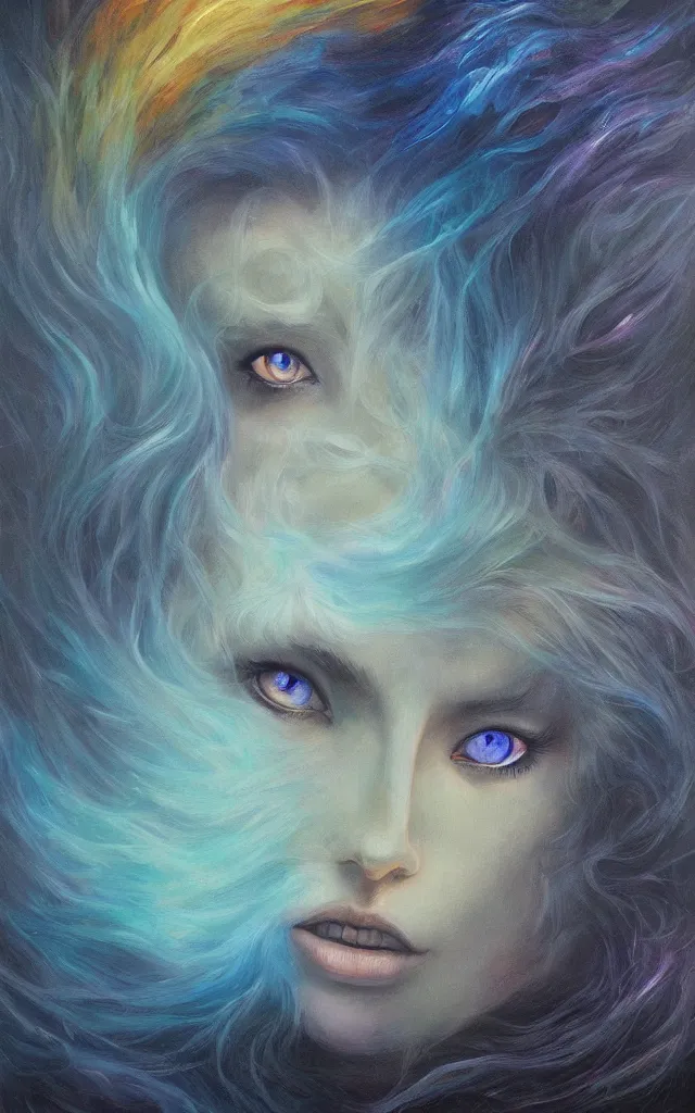 Image similar to iridescent spirit of wrath and beauty cruel beautiful spirit with golden eyes lunar mythos ambient fog, award winning oil painting, lunar color palette