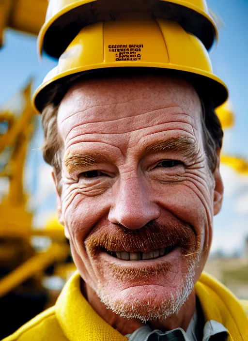 Image similar to closeup portrait of cheerful bryan cranston with crane arms, construction, yellow hardhat, sitting in a crane, natural light, bloom, detailed face, magazine, press, photo, steve mccurry, david lazar, canon, nikon, focus