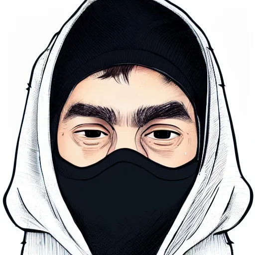 Image similar to a highly detailed headshot portrait of a man wearing a balaclava with a hoodie concept art