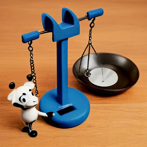 Prompt: set of balance scales with weights, weighing pixar cow figurine and pixar cat figurine in dish