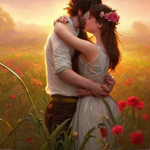 Image similar to a young couple hugging each other in a flower field at sundown, D&D, fantasy, intricate, elegant, highly detailed, digital painting, artstation, concept art, matte, sharp focus, illustration, hearthstone, art by Artgerm and Greg Rutkowski and Alphonse Mucha