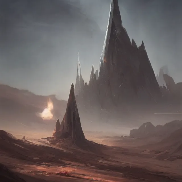 Image similar to a black spire rising up out of a desolate desert, by greg rutkowski, concept art, sci - fi concept art, cinematic lighting, highly detailed artwork, trending on artstation, movie concept art