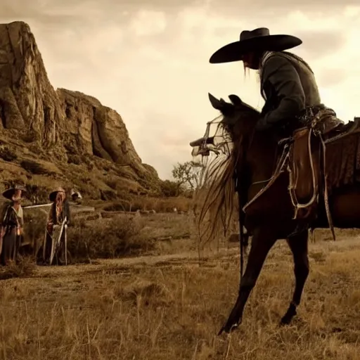 Image similar to screenshot of the lone ranger walking ont a tv film set with a film crew, behind the scenes, 2 4 mm lens, directed by wince mcstevens, tense scene, moody dramatic light