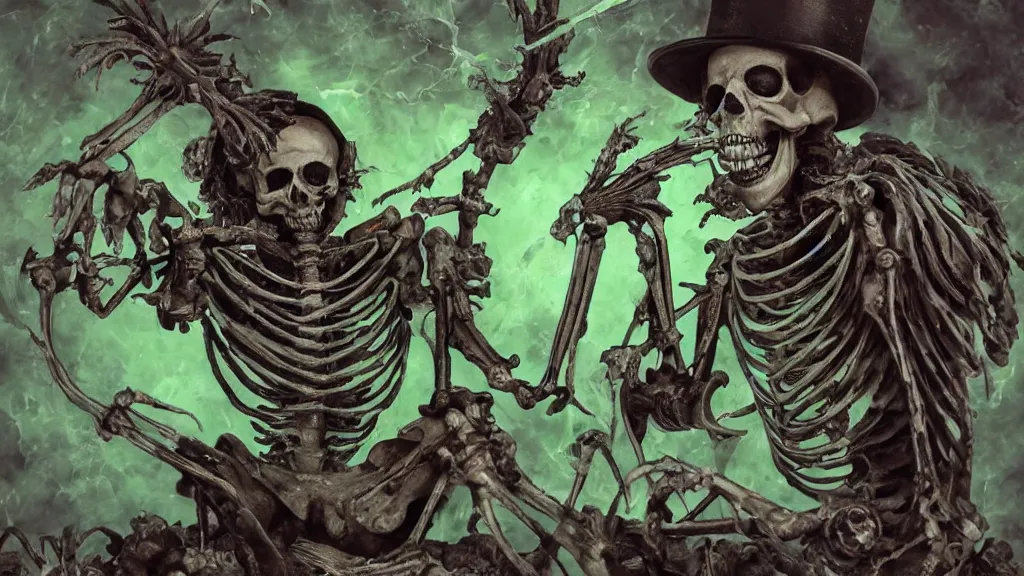 Image similar to an artwork of a skeleton overlord magician with a coat casting a spell with green ornaments, elden ring style