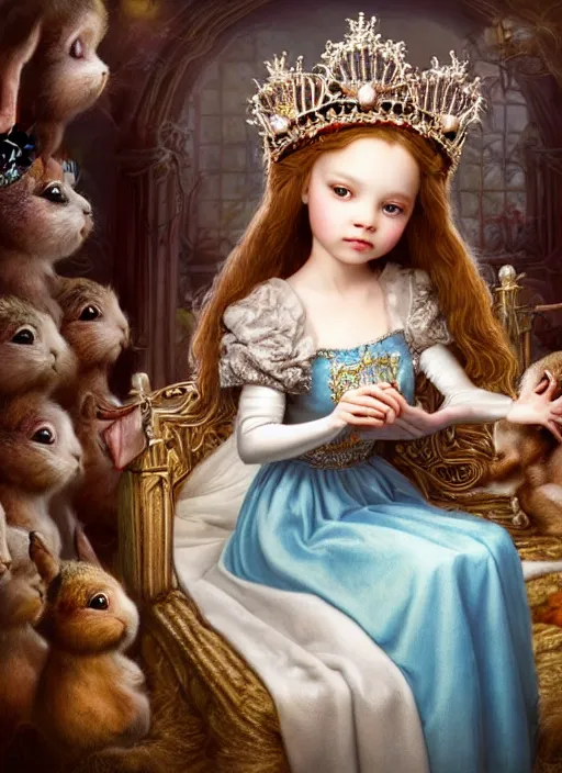 Image similar to highly detailed closeup portrait of a fairytale medieval princess wearing a crown and sitting on a throne, surrounded by cute bunnies, unreal engine, nicoletta ceccoli, mark ryden, earl norem, lostfish, global illumination, god rays, detailed and intricate environment