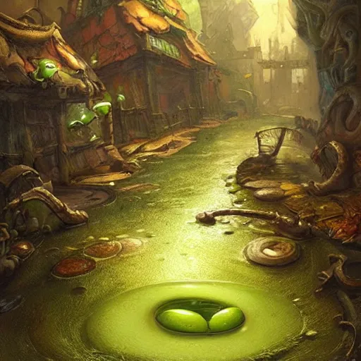 Image similar to anthropomorphic green puddle with an angry sneer lurking in a damp alleyway , concept art, painting by Justin Gerard