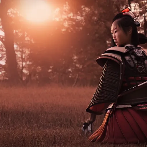 Image similar to a 75mm shot from a samurai girl in the battleground waiting for the enemies ,volumetric lights, dark, cinematographic, from a marvel movie, octane render , 4k , high resolution, ultra realistic, epic
