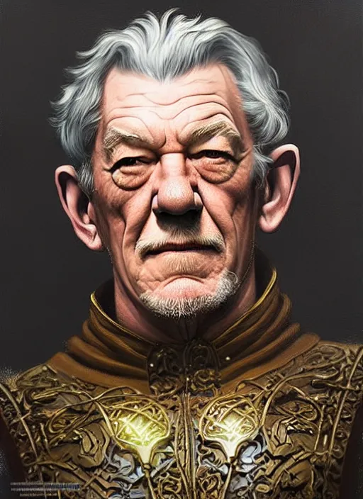 Image similar to ian mckellen as oscar diggs, intricate, d & d, wizard, fantasy, art nouveau, digital painting, trending on artstation, sharp focus, wide shot, illustration, global illumination, ray tracing, art by artgerm and greg rutkowski and ruan jia