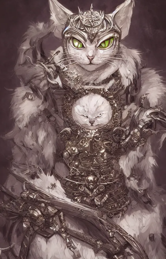 Image similar to an concept art of the cat king, pale hair, one eye, intricate details, detailed face, detailed armour, artstation, epic pose, ambient light, by eiichiro oda