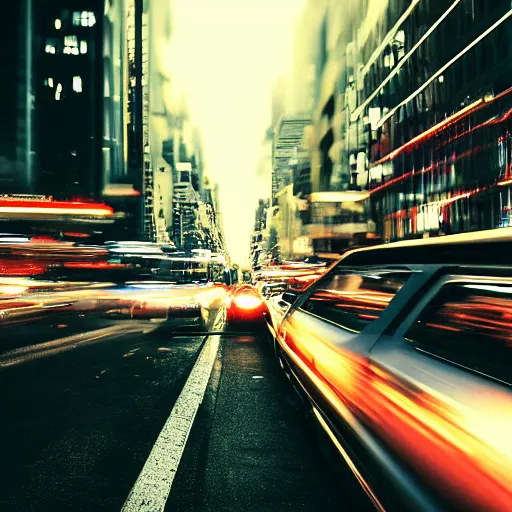 Image similar to futuristic train drives over busy street full of cars in nyc at night, still photo, cinematic lighting
