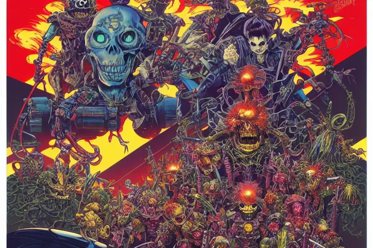 Image similar to poster of crazy roborts skeletor, by yoichi hatakenaka, masamune shirow, josan gonzales and dan mumford, ayami kojima, takato yamamoto, barclay shaw, karol bak, yukito kishiro