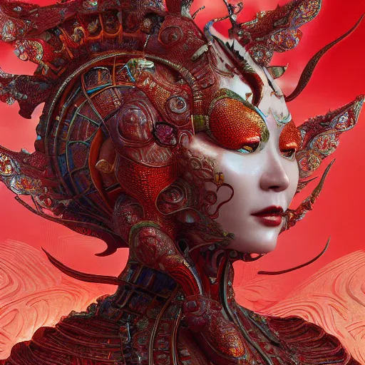 Prompt: The red alien lady, intricated traditional Chinese textures, rococo decorations, hyper detail, Unreal engine,Octane render, by Karol Bak