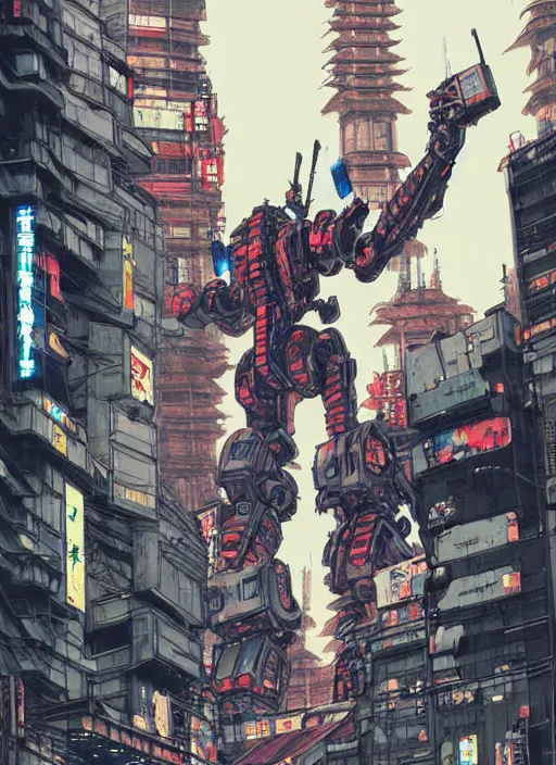 Prompt: giant war robots in the middle of cyberpunk tokyo. detailed, wearing kimono armour, by conrad roset, takato yomamoto, jesper ejsing, masamune shiro, ukiyo - e