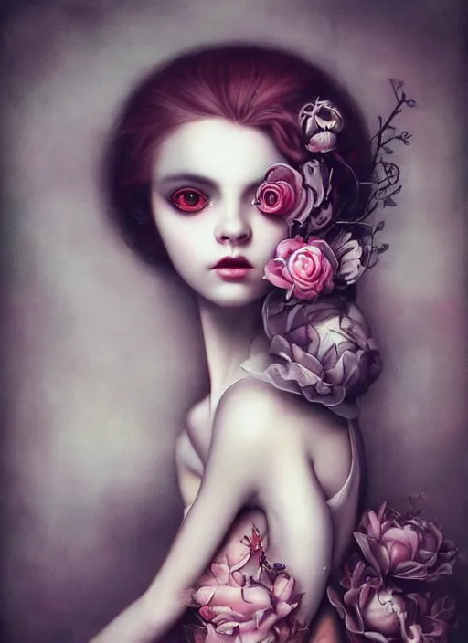 Image similar to pop surrealism, lowbrow art, realistic cute seductive feminine girl painting, romantic gown, hyper realism, muted colours, rococo, natalie shau, loreta lux, tom bagshaw, mark ryden, trevor brown style,