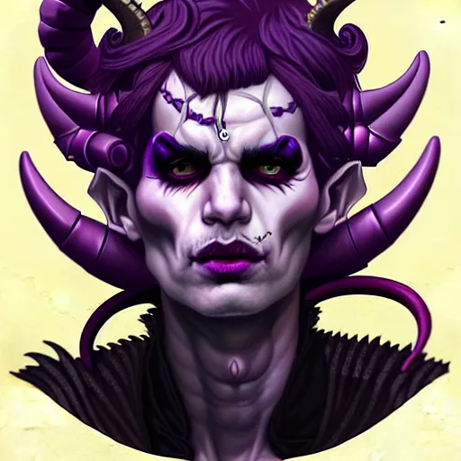 Image similar to portrait painting of a punk tiefling bard with ram horns and purple skin, sharp focus, award - winning, trending on artstation, masterpiece, highly detailed, intricate. art by josan gonzales and moebius and deathburger