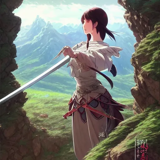 Image similar to the knight and the sword of rose petal, anime, castle core, mountains, rocky roads. by hayao miyazaki and rossdraws and artgerm and greg rutkowski and alphonse mucha and studio ghibli and ilya kuvshinov. high quality, stunning, intricate detailed environment. 8 k