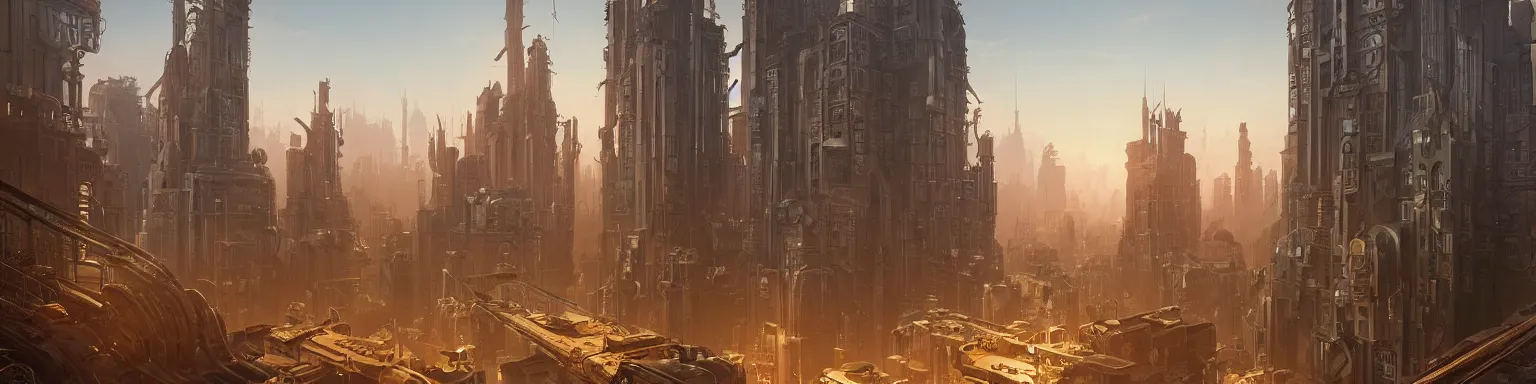 Prompt: an extensive matte painting with high detail, ground level, sci - fi victorian megacity at golden hour by tyler edlin and sparth, 4 k, vray, art nouveau influences. roger deakins, cinematic cinematography.