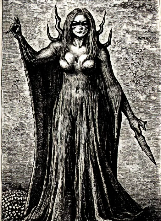 Image similar to ursula the sea witch as a demon from the dictionarre infernal, etching by louis le breton, 1 8 6 9, 1 2 0 0 dpi scan, ultrasharp detail, clean scan