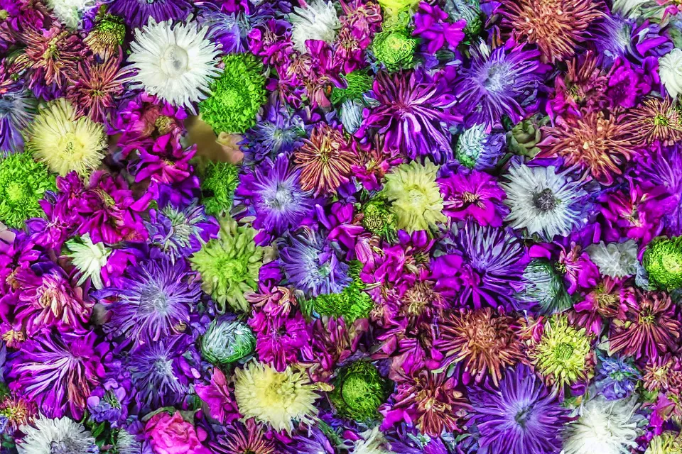 Prompt: a bouquet of alien flowers in a spiral on a white background