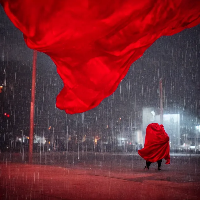 Image similar to a person enveloped in red silk cloth that blows in the wind stands in a dytopian highly detailed city at night, with volumetric lights in the distance and rain falling. atmospheric light, rendering, octane, redshift