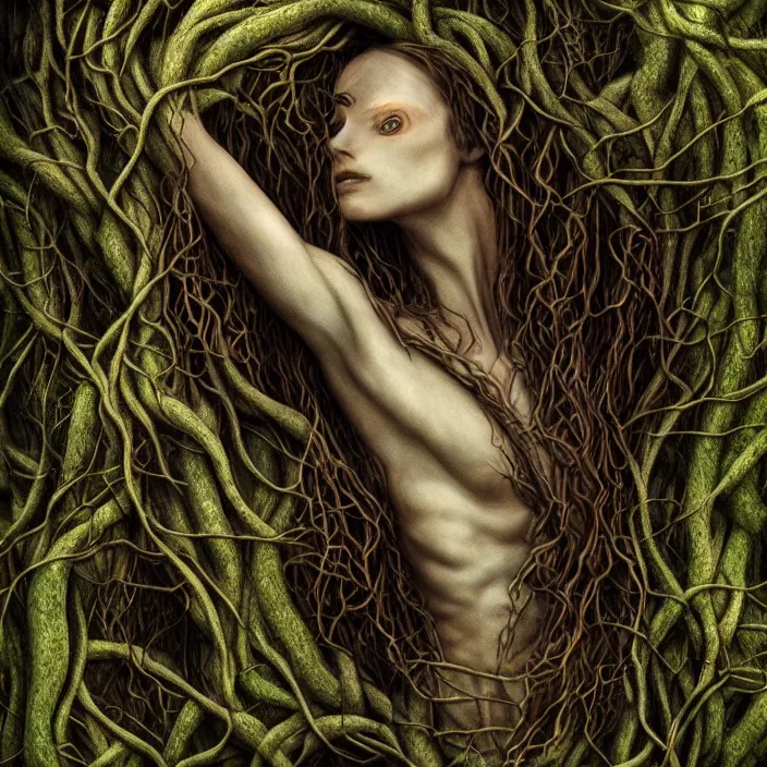 Prompt: female dryad, entwined by roots and vines, dark forest, surreal, nature, light shining through, hyper - realistic, highly detailed, sharp focus, smooth, intricate