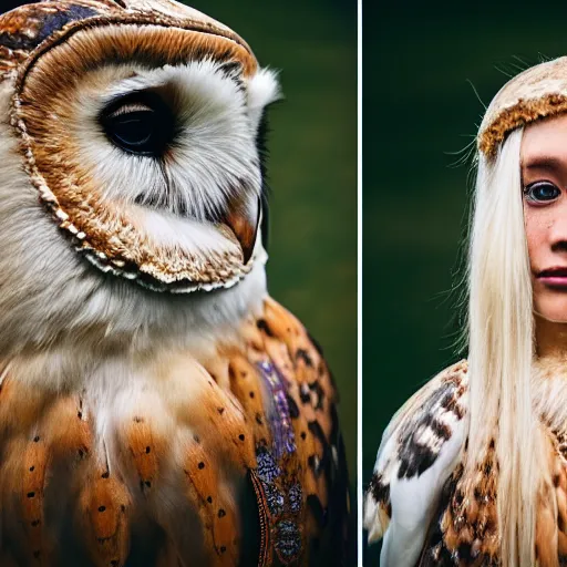 Image similar to symmetry!! portrait photograph of an extremely beautiful!!!! young blonde female with symmetric face. with a very detailed barn owl!!!!! on her shoulder. wearing traditional greenlandic national costume or kalaallisuut. in iceland. petzval lens. shallow depth of field. polaroid featured on flickr, art photography,