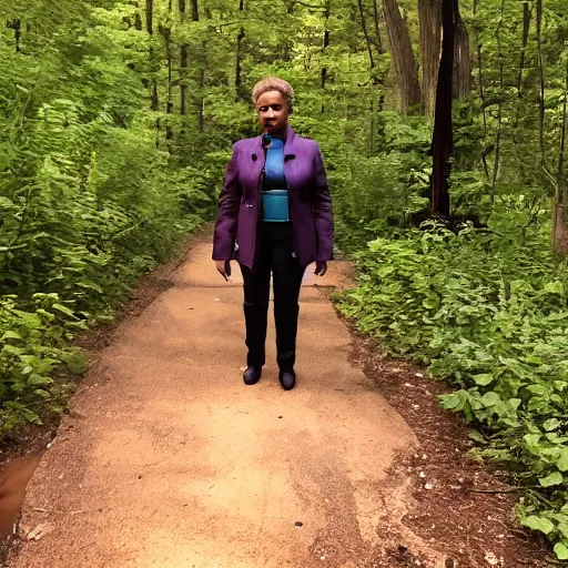 Prompt: chicago mayor lori lightfoot spotted on woodland trail cam night vision