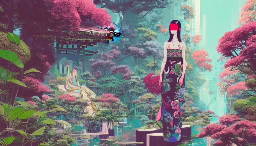 Image similar to a digital painting of a woman in the distance wearing gucci exploring a magical japanese temple, lush plants and flowers, eco - cyberpunk art by james jean, cgsociety, retrofuturism, anime aesthetic, chromatic, iridescent, uhd