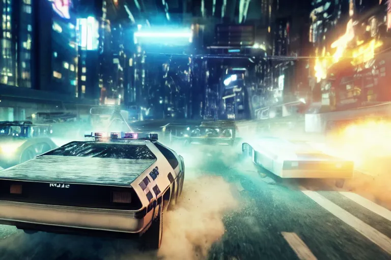 Image similar to photo of the back to the future delorean being chased by police on wet cyberpunk city streets at night, rocket league tank, mad max, action, speed, volumetric lighting, hdr, gta 5, makoto shinkai, syd mead, borderlands, fast and furious, octane, 8 k, iso 1 0 0, 1 2 mm