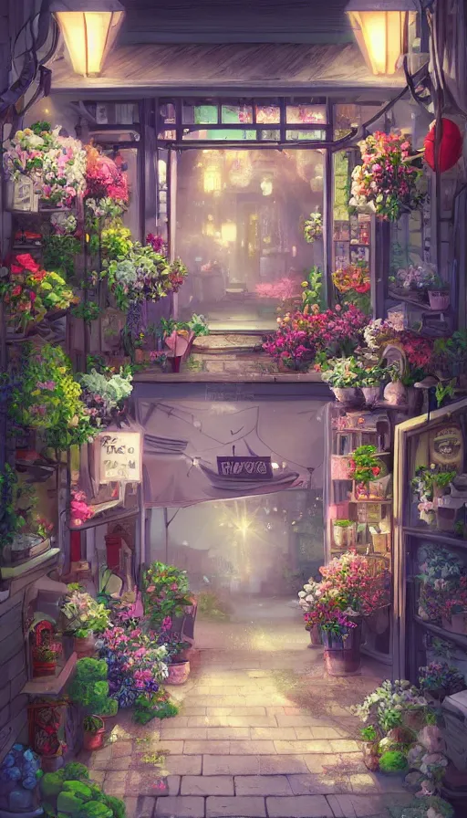 Image similar to a little flower shop's front gate, nostalgic, fresh digital illustrati on, dramatic lighting, pixiv, detailed textures