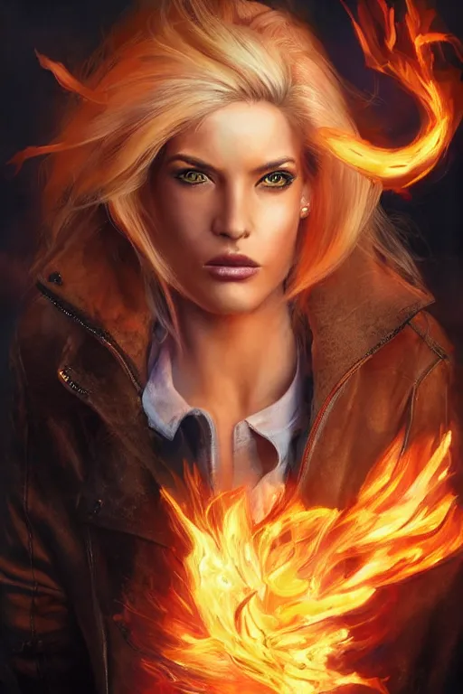 Image similar to wonderful blonde woman hair on fire with flames dancing on her hands with a long jacket in a cyberpunk city, realistic mouth, realistic, high definition, detailed and symetric face, detailed and realistic hands, expressive eyes, 4 k, shimmering color, art by artgerm ans greg rutkowski and magali villeneuve