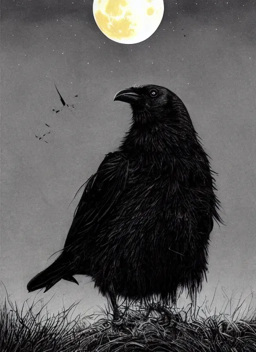 Image similar to portrait, A crow in front of the full big moon, book cover, red white and black colors, establishing shot, extremly high detail, foto realistic, cinematic lighting, pen and ink, intricate line drawings, by Yoshitaka Amano, Ruan Jia, Kentaro Miura, Artgerm, post processed, concept art, artstation, matte painting, style by eddie mendoza, raphael lacoste, alex ross