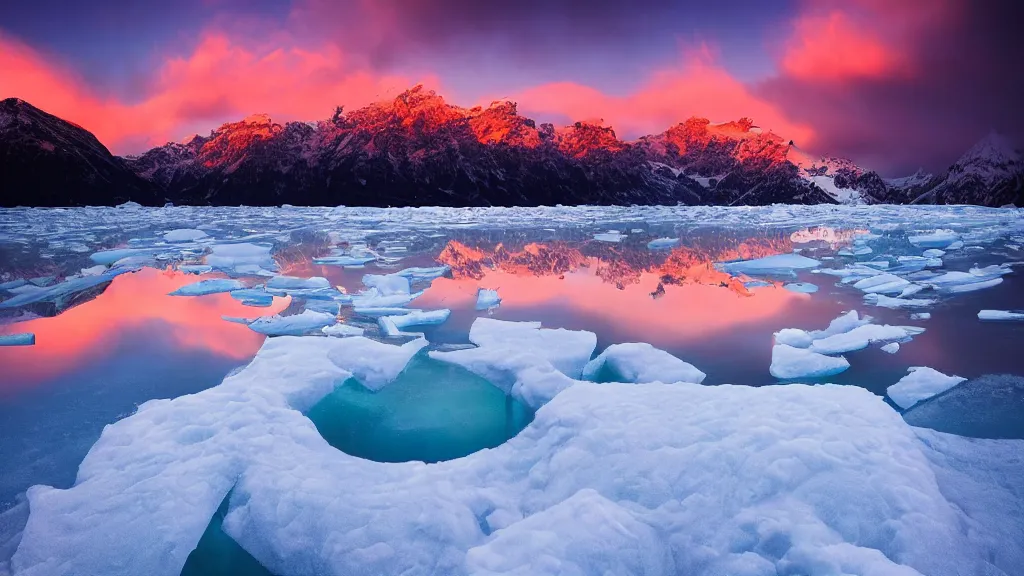 Image similar to amazing landscape photo of a snowy mountains with an ice lake in sunset by marc adamus, beautiful dramatic lighting