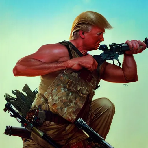 Prompt: trump as rambo, movie poster, digital art, high - detailed, 4 k, artstation, hyper - realistic, by drew struzan