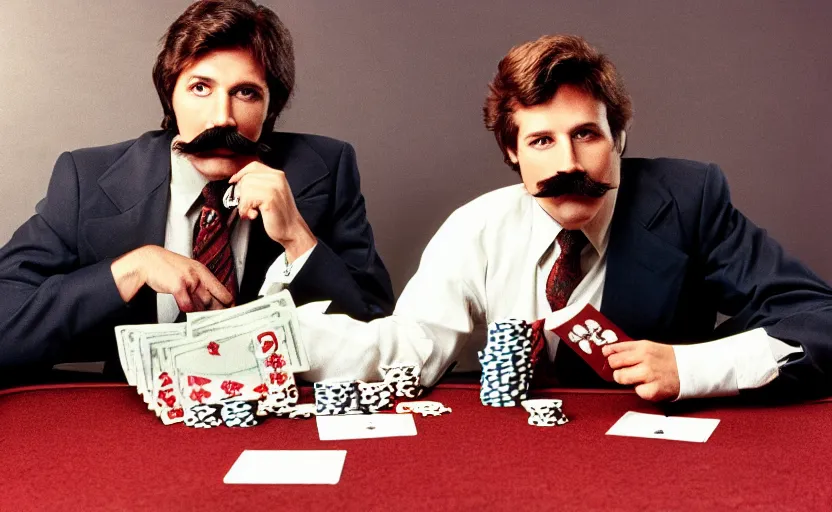 Prompt: color photo of a photomodel handsome man in mustache playing poker. las vegas. 8 0's style