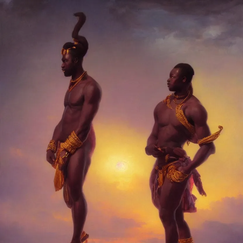 Image similar to handsome african god in a loincloth, posing against a royal purple backdrop by ivan aivazovsky, oil painting, beautiful soft lighting, saturated colours, artstation