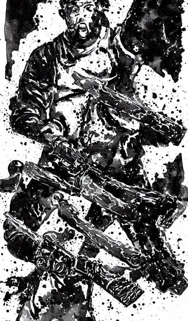 Image similar to sole samurai wielding a chainsaw, black and white watercolor, movie poster