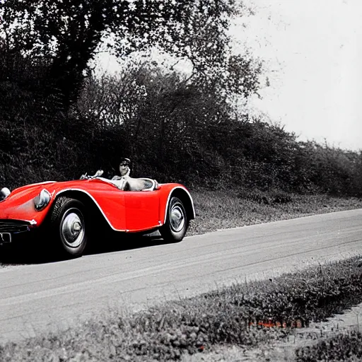 Image similar to photograph of a red Ferrari 166 MM car driving on a country road. a gleaming red barchetta from a better vanished time.