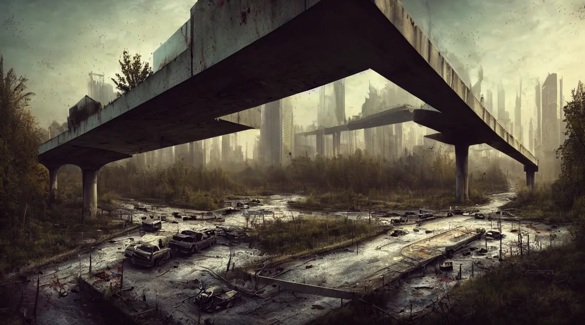 Prompt: post apocalyptic river bridge, morning, building, avenue, modern contemporary urban americana concrete architecture, by pascal blanche, neil blevins, apocalyptic color palette, trending on artstation, photorealistic, wilderness ambiance, ultra detailed, high definition, depth of field, bokeh, rubble, wild vegetation, blood stains, building crumbling