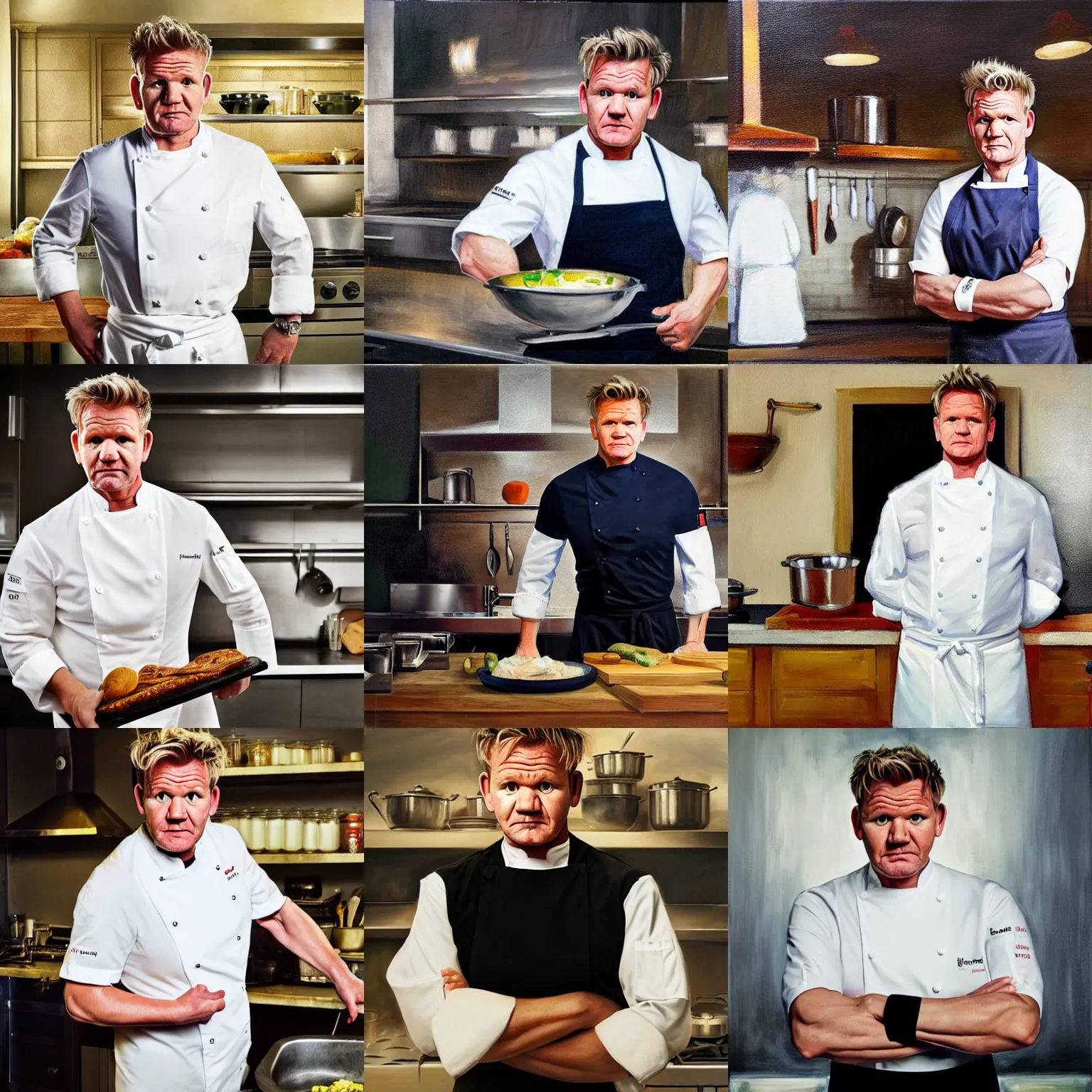 Prompt: A medium full shot of Gordon Ramsay wearing a chef uniform in a kitchen, oil painting, classicism style