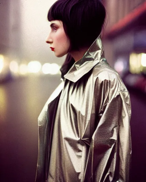 Prompt: detailed portrait kodak portra 800; grainy film European Pretty Young Girl Storm Rain bladerunner movie Reflective jacket coat, Futuristic sci-fi fashion, royal attire Perfect face, fine details, realistic shaded, fine-face, pretty face